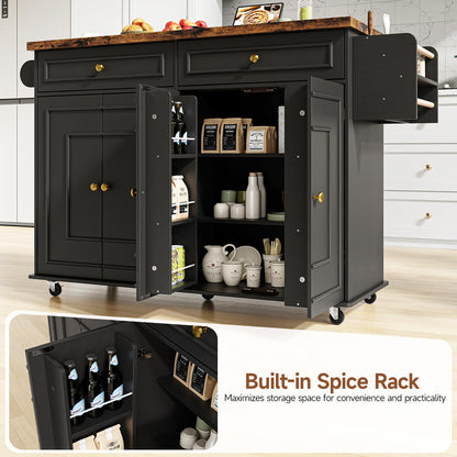 ComfyCorner 58" Rolling Kitchen Island with Storage, Island Table for Kitchen with Power Outlet, Multi-level Kitchen Islands on Wheels, Mobile Bar Cart with Spice Rack, Towel Rack, Knife Holder, Black