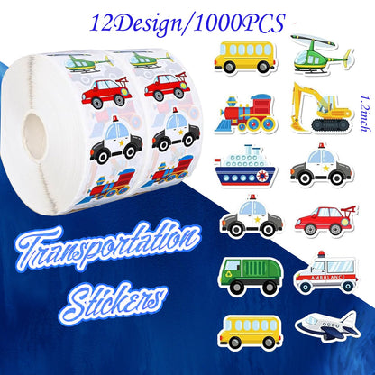 1000 PCS Cartoon Car Stickers Roll Fun Circular Truck Stickers for Kids Perfect for Kindergarten Teacher Rewards Children's Birthday Party School Gifts