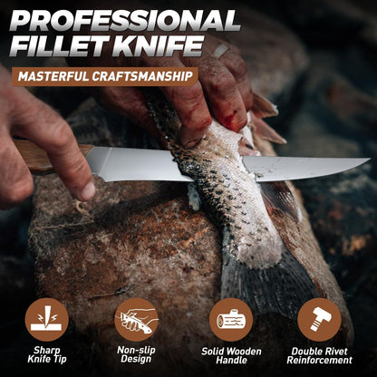 TAN REN Fillet Knife for Fish 9 Inch, Professional Stainless Steel Fishing Knives with Sheath for Filleting and Cleaning, Full Tang Filet Knife for Meat with Ergonomic Wood Handle, Father's Day Gift