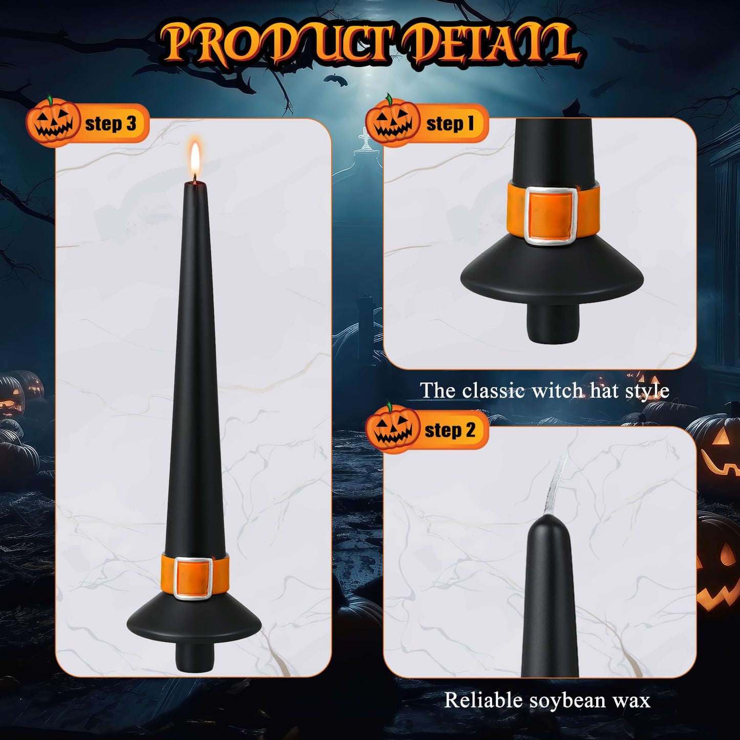 Conelist 4 Pieces Halloween Witch Hat Candles Halloween Black Taper Flickering Candles for Party Decoration Dinner Party Holiday Decor