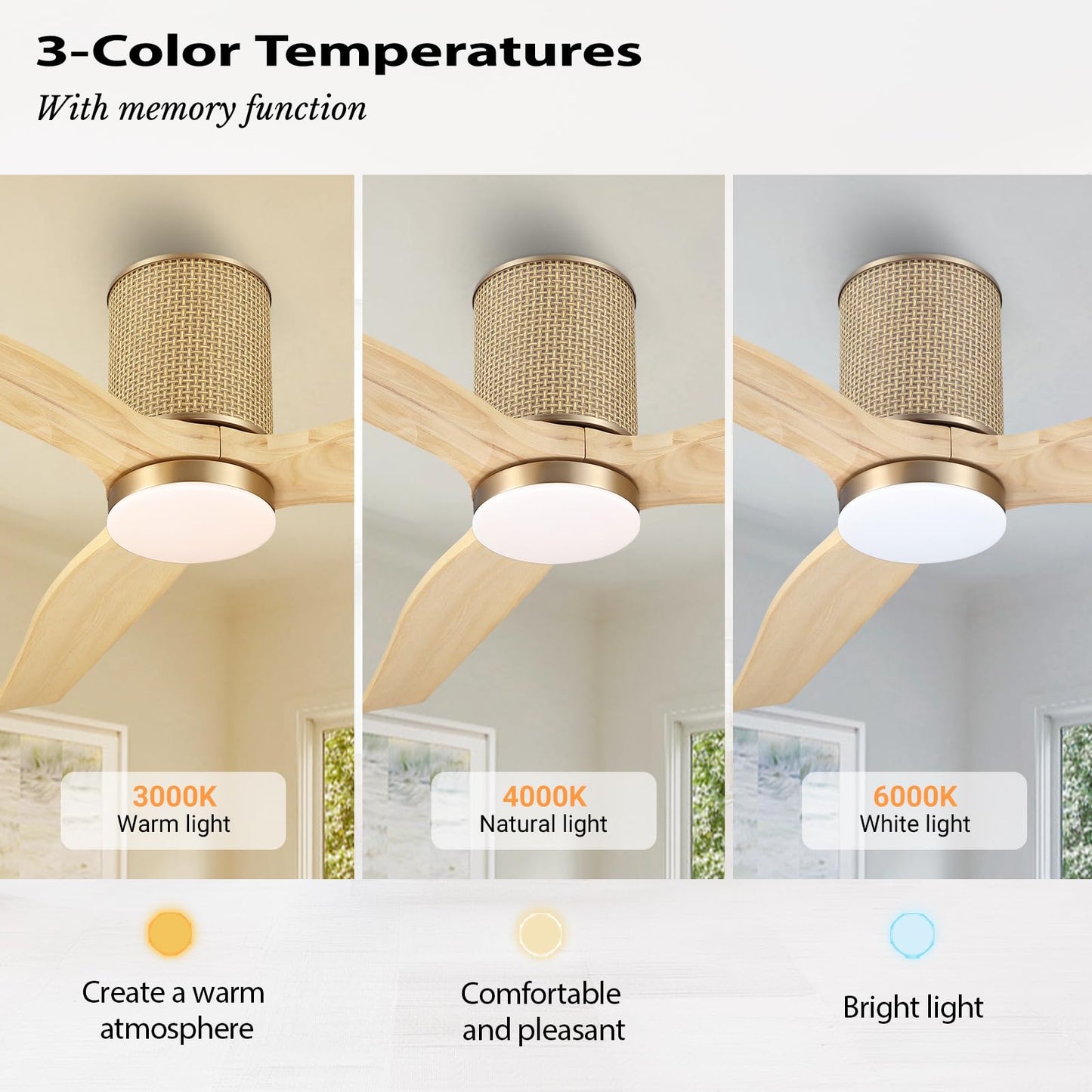 LEDLUX 52" Ceiling Fan with Light - Low Profile Flush Mount Ceiling Fan, 6-Speed Remote Control, Solid Wood, Quiet Reversible DC Motor, Boho Style, for Bedroom, Living Room, Porch, Light Oak/Gold