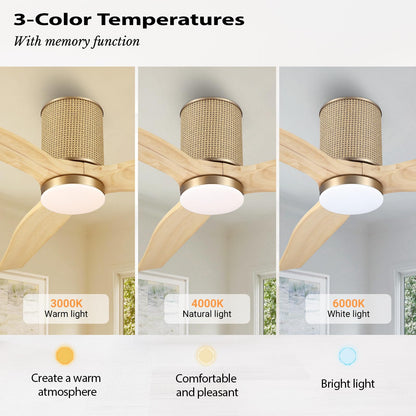 LEDLUX 52" Ceiling Fan with Light - Low Profile Flush Mount Ceiling Fan, 6-Speed Remote Control, Solid Wood, Quiet Reversible DC Motor, Boho Style, for Bedroom, Living Room, Porch, Light Oak/Gold