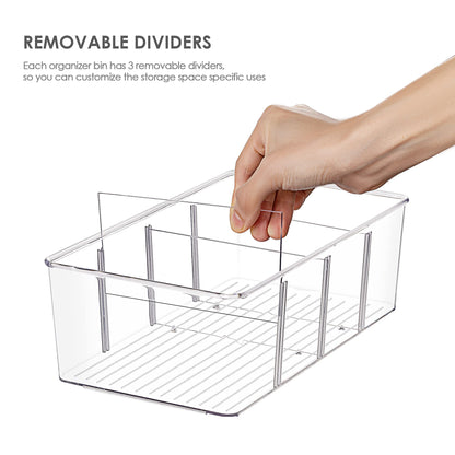 Vtopmart 4 Pack Food Storage Organizer Bins, Clear Plastic Bins for Pantry, Kitchen, Fridge, Cabinet Organization and Storage, 4 Compartment Holder Packets, Snacks, Pouches, Spice Packets