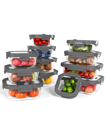 BOROHOUSE 12-Pack Glass Containers with Tempered Lids – Borosilicate, Oven-Safe(-4°F~950°F), Airtight, BPA-Free, Multi-Size for Meal Prep, Dishwasher Safe, 1.6 cups to 6.4 cups (Gray)