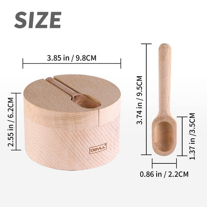 DGYLL Wooden Divided Salt Cellar With Lid And Spoon,Salt Box With 2 Compartment,Salt container with Magnetic Swivel lid, Beech Wood