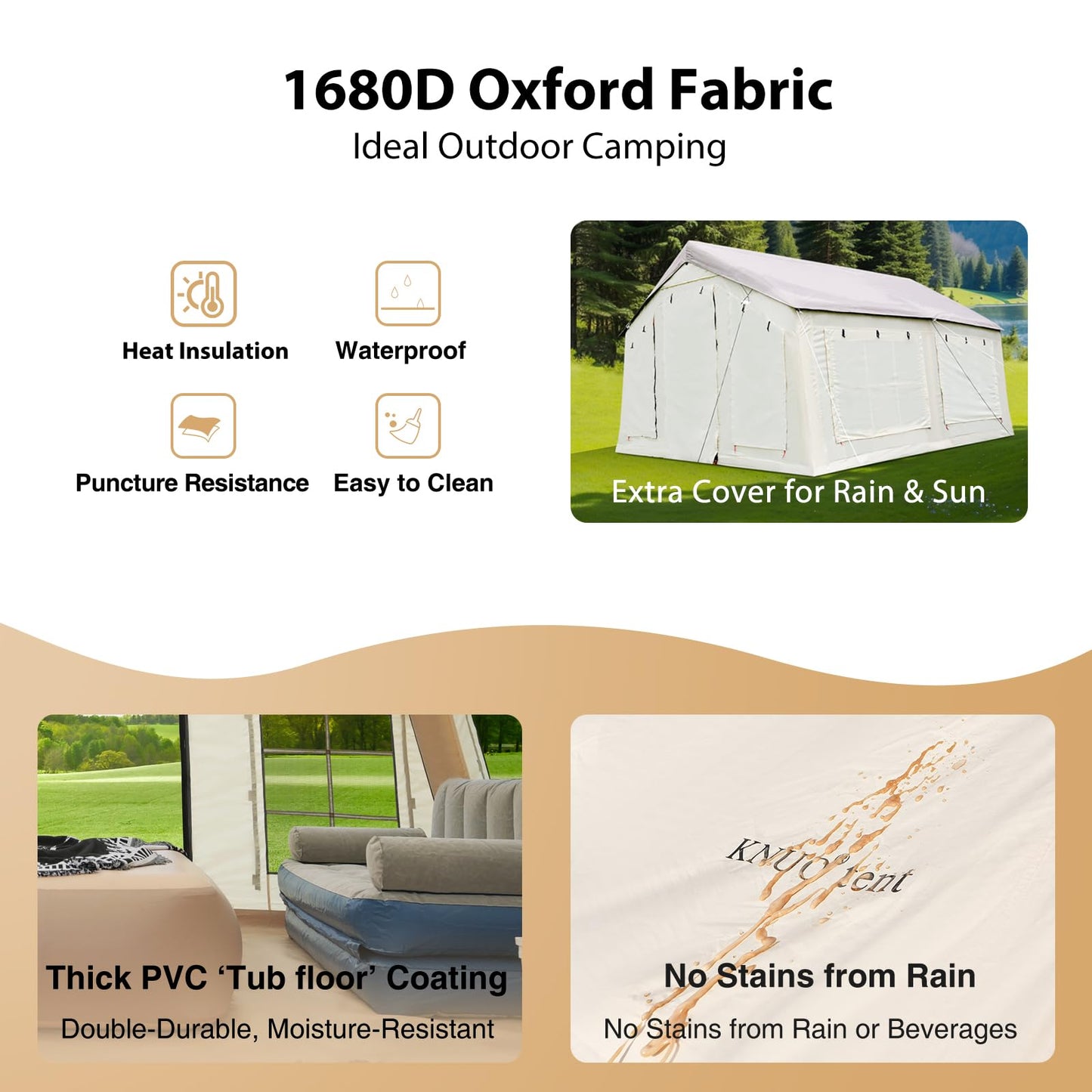 KNUO 2026 Upgraded Waterproof Inflatable Camping Tent for Winter with Rain Cover for 4~6 People, Large Blow-Up Air Tent, No Assembly Needed Luxury Glamping House, 12x12ft Oxford Fabric, Beige