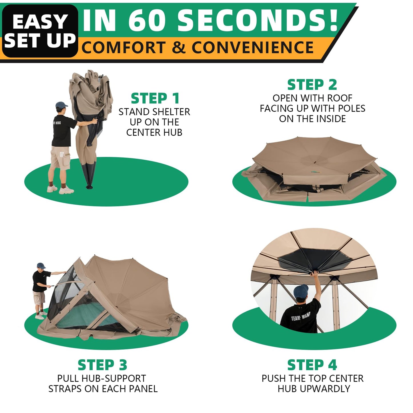 COBIZI 15x15FT Pop Up Gazebo Screen Tent Screen House for Camping, Screen Room with Mosquito Netting, Hub Tent Instant Screened Canopy with Carrying Bag and Ground Stakes, Khaki(Upgraded)