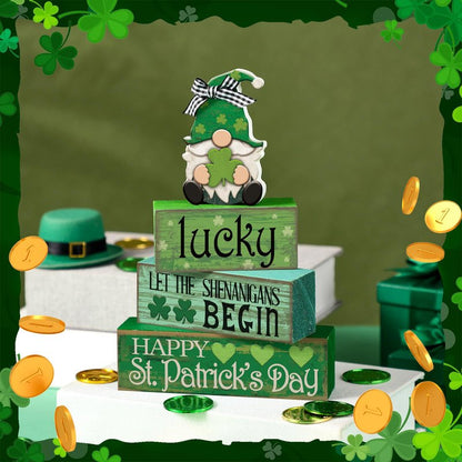 Moucuny 4 Pcs St. Patrick's Day Table Decoration Irish Tiered Tray Decor Wooden Gnome Shamrocks Block Signs Happy St. Patrick's Day Centerpiece for Tables Irish Wooden Sign for Home Decor