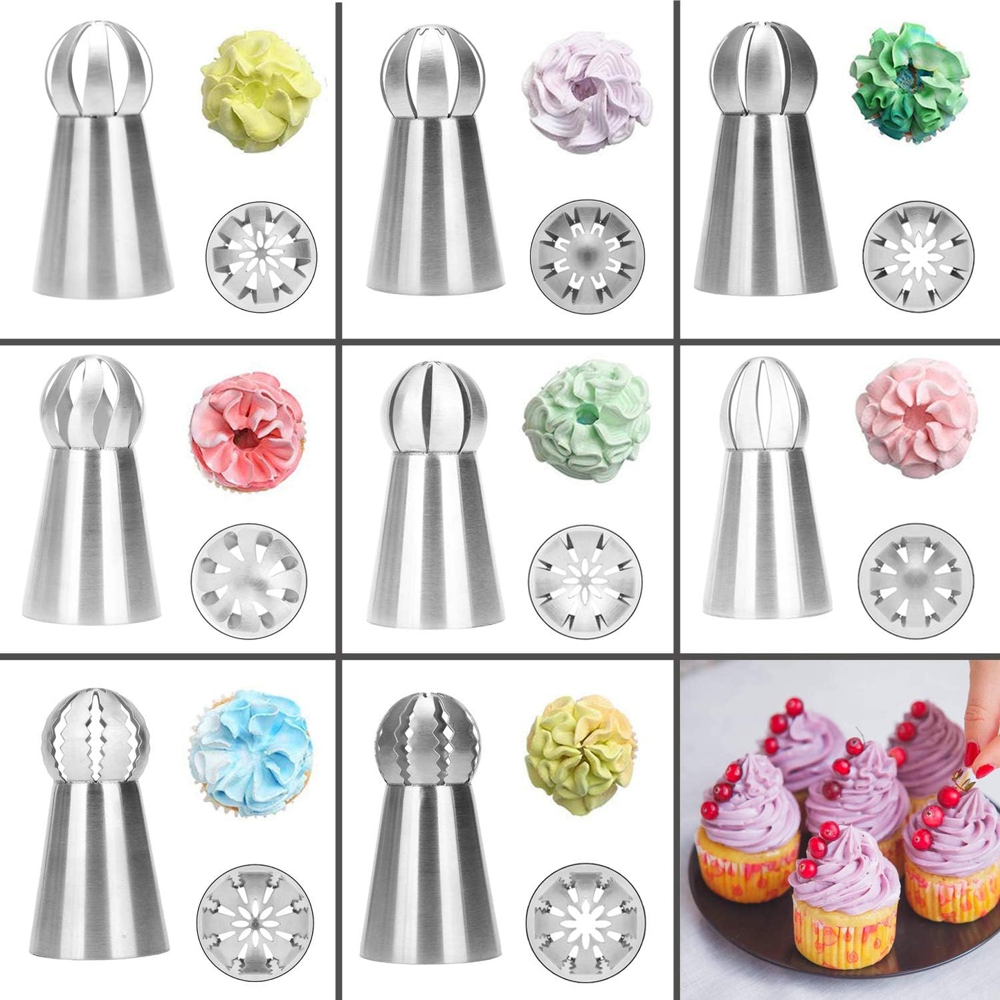 Russian Piping Tips Set, 8 Pcs Stainless Steel Frosting Icing Piping Nozzles for Cake Decorating Supplies