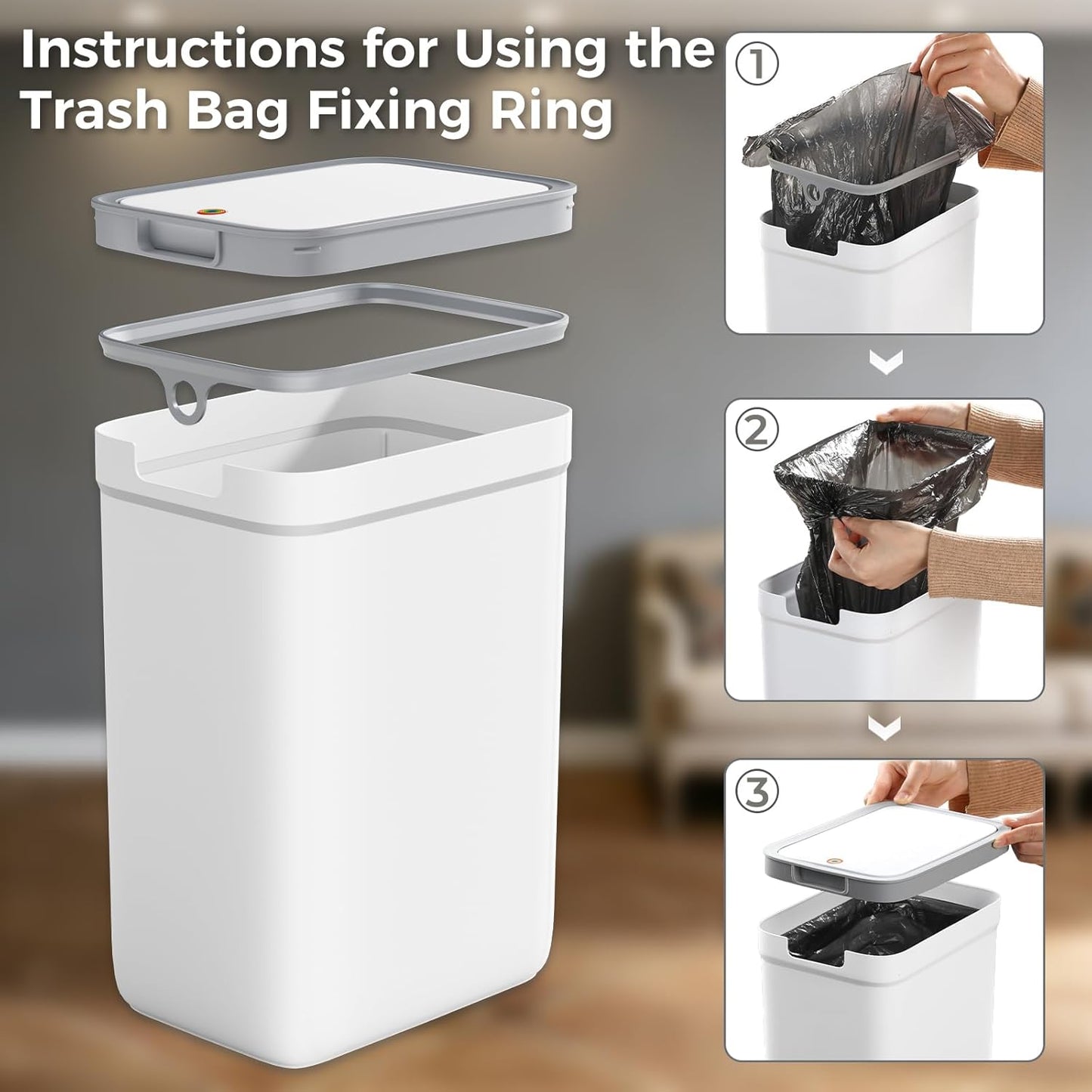 Spreezy 2 Pack Lid(3.6 2.4 Small Trash Can with Gal & Gal), Bathroom Garbage Can with Hidden Trash Bag Storage, Slim