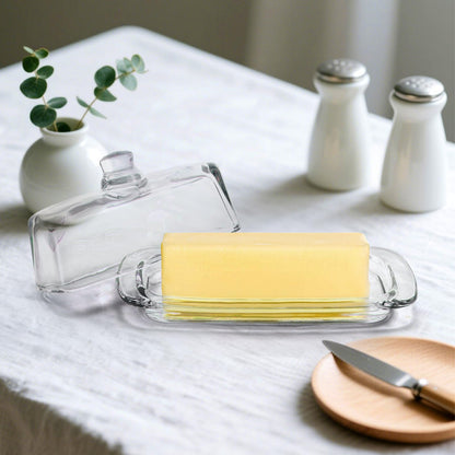 Hedume Set of 2 Glass Butter Dish with Handled Lid, Classic Clear 2-Piece Design Butter Keeper, Food Safe and Dishwasher Safe Standard Size of Butter Dish
