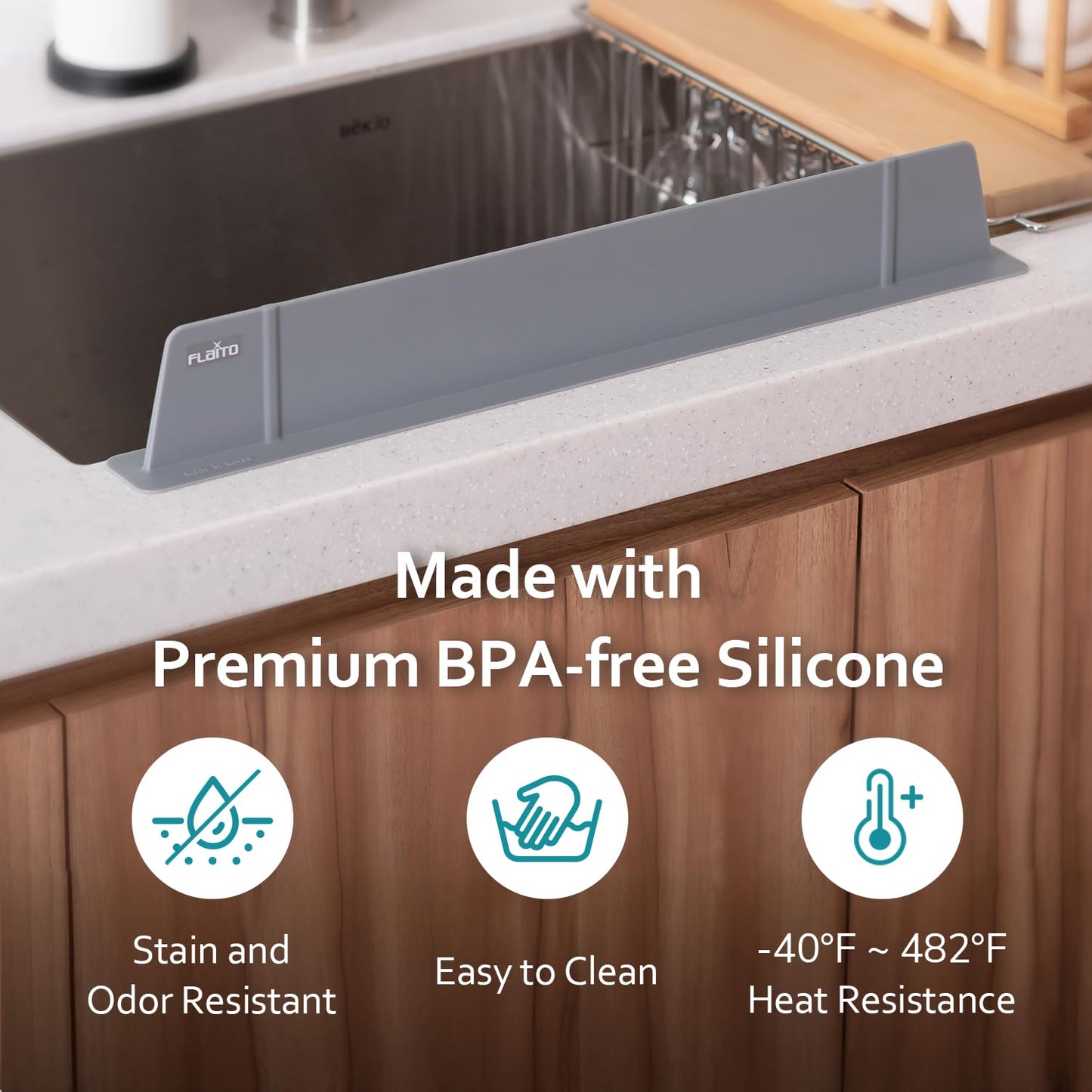 carrotez Silicone Kitchen Sink Splash Guard for Faucet — Silicone Water Splash Guard Mat, Quick Suction Setup, Gray(20.5 x 1.8 x 2.75")