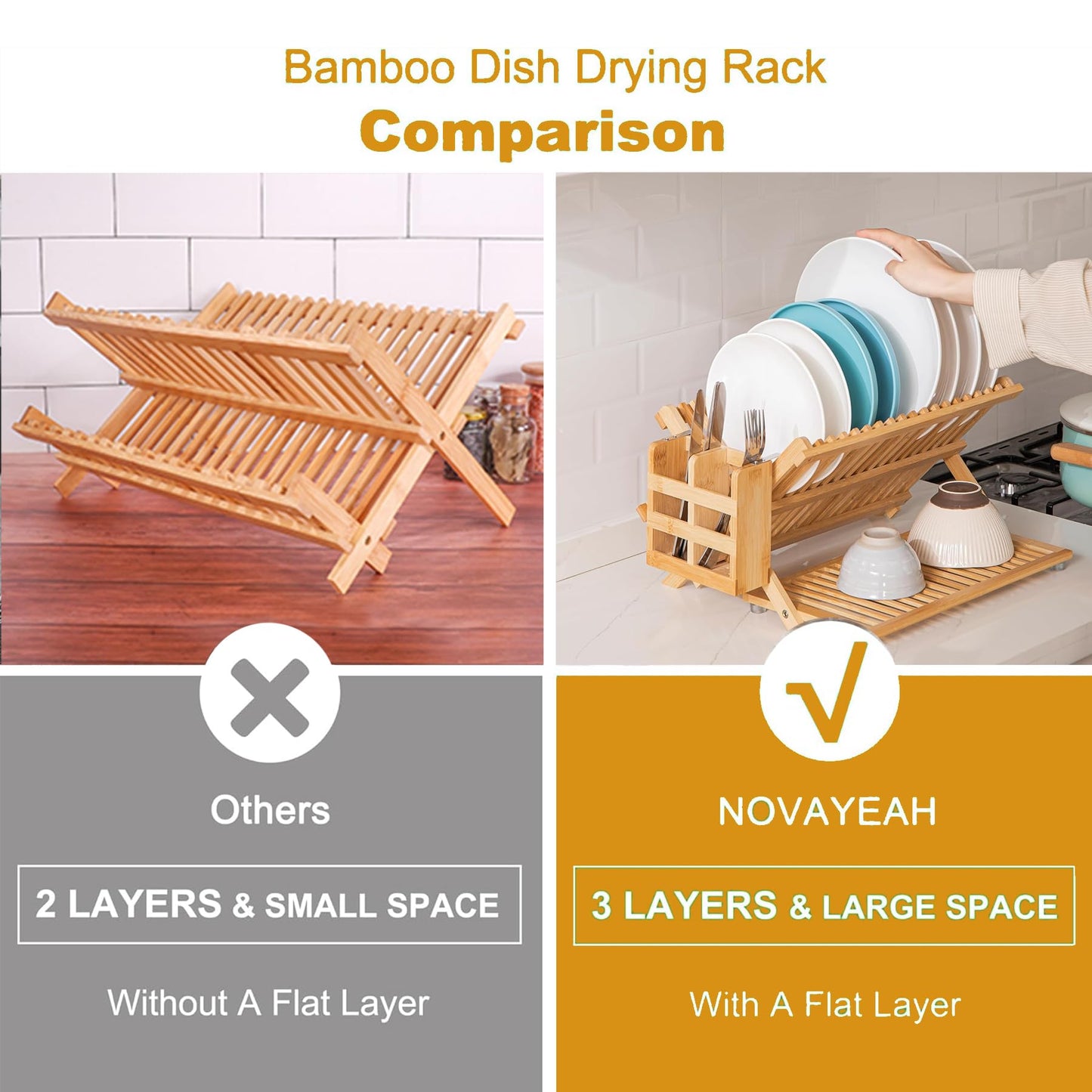 KAEASOUS Foldable Bamboo Dish Rack, 3-Tier Wooden Dish Drainer & Utensil Holder for Kitchen - Large Countertop Drying Rack for Dishes and Plates, Natural Compact Storage