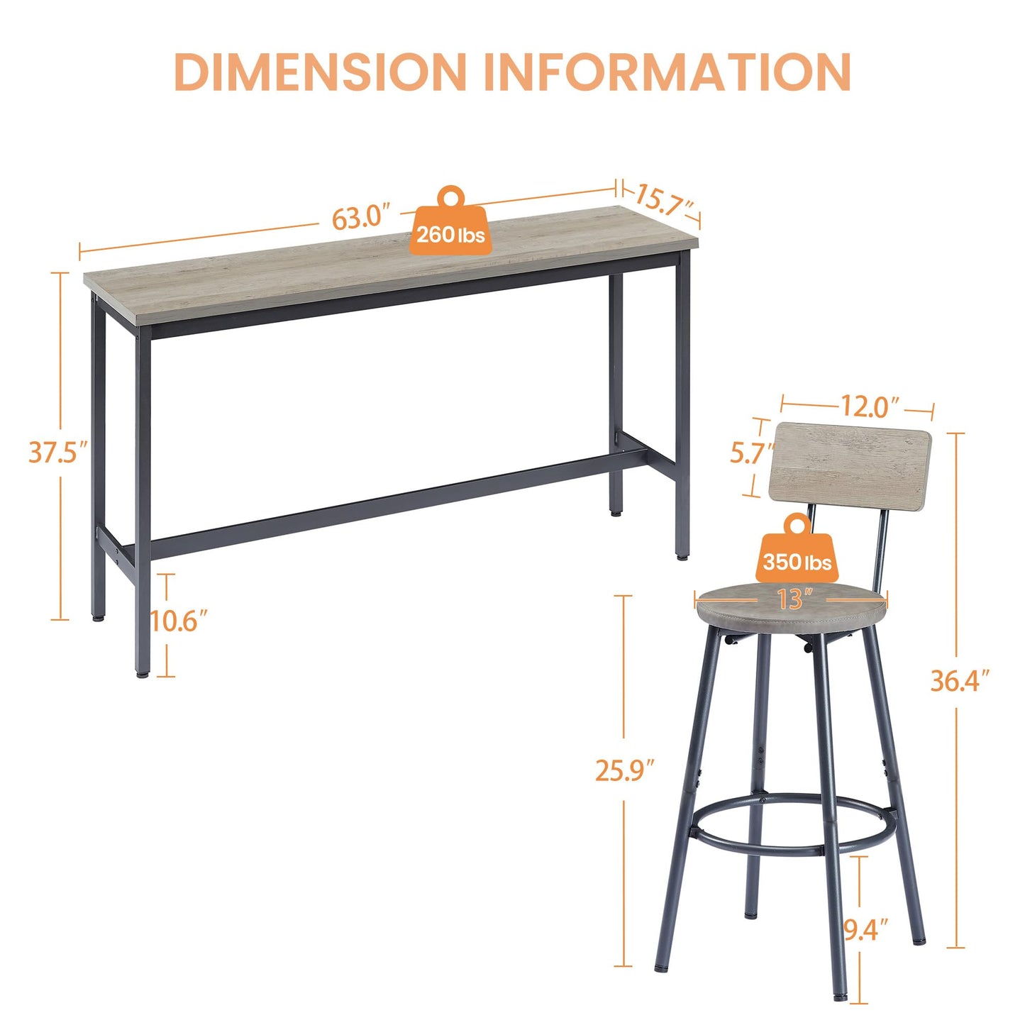 KEIKI Long Bar Table Set with 3 PU Upholstered Bar Stools, Industrial Counter Height Dining Table and Chair Sets for Kitchen, Living Room, Small Space, Grey