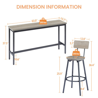 KEIKI Long Bar Table Set with 3 PU Upholstered Bar Stools, Industrial Counter Height Dining Table and Chair Sets for Kitchen, Living Room, Small Space, Grey