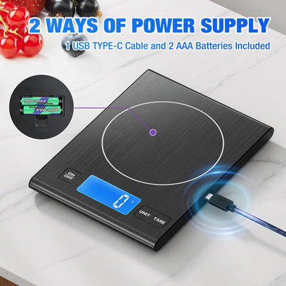 Rechargeable 304 Stainless Steel Kitchen Scale, Diyife 33lb Digital Food Scale with LCD Display, Batteries and Type-C Charging, for Meal Prep, Cooking, Baking (Black)
