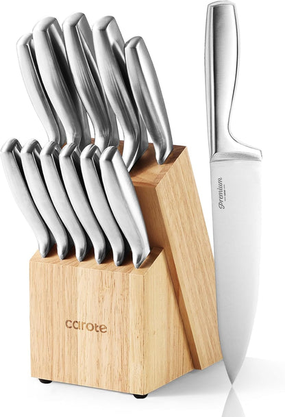 12-Piece Set, Set, CAROTE Knife All-Stainless Steel Knife Block Kitchen Knives with Wooden Block, Razor-Sharp