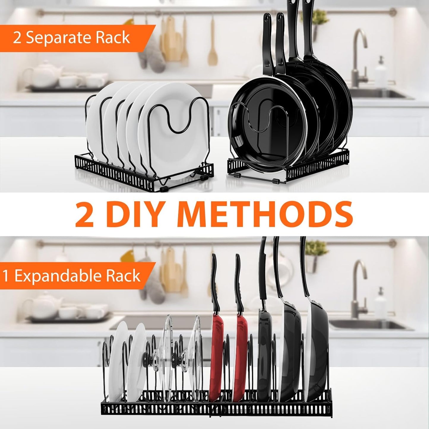 AHNR Expandable Pot and Pan Organizer Rack, 10+ Pots and Pans Lid Holder, Kitchen Cabinet Bakeware Organizer with 10