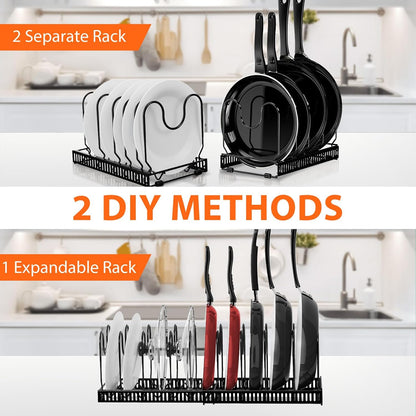 AHNR Expandable Pot and Pan Organizer Rack, 10+ Pots and Pans Lid Holder, Kitchen Cabinet Bakeware Organizer with 10