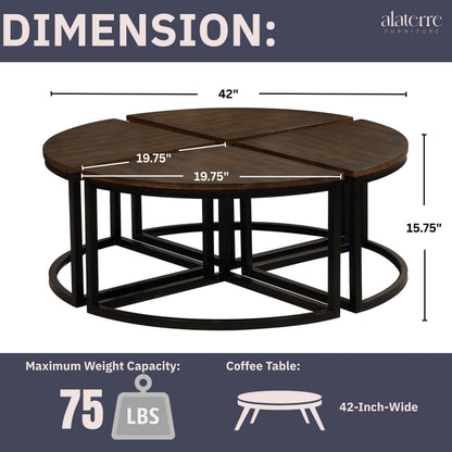 Alaterre Furniture Arcadia Round Acacia Wood Nesting Tables – 4-Piece Modular Wedge Coffee Table Set with Industrial Metal Legs – Living Room Accent Tables with Space-Saving Design (Antiqued Mocha)