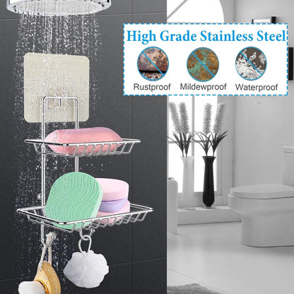 2 Tier Soap Dish with Hooks - Stainless Steel Wall Mounted Soap Holder for Shower Bathroom Kitchen, No Drilling