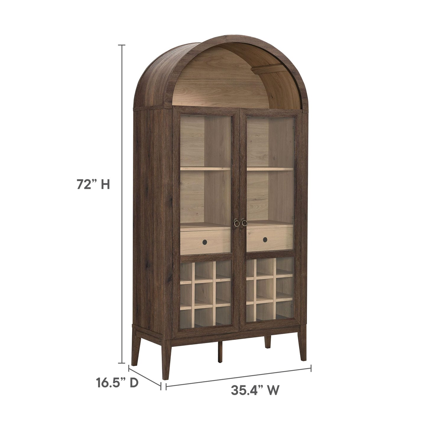 Modway Nolan Modern Farmhouse Arched Bar Cabinet in Dark Walnut Wood Grain - 72 Inch Tall Wine Storage Cabinet with Glass Doors and Wine Rack - Large Liquor Cabinet for Dining or Living Room