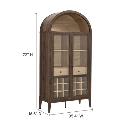 Modway Nolan Modern Farmhouse Arched Bar Cabinet in Dark Walnut Wood Grain - 72 Inch Tall Wine Storage Cabinet with Glass Doors and Wine Rack - Large Liquor Cabinet for Dining or Living Room