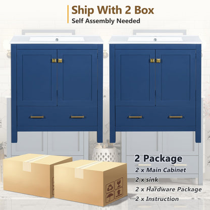 Favfurish 60" Double Bathroom Vanity with Ceramic Sink,Freestading Bathroom Storage Cabinet w/Shelf and Divided Drawers,Soft Close Doors,Separate 2 Bath Vanities Set,Mirror Not Included,Blue