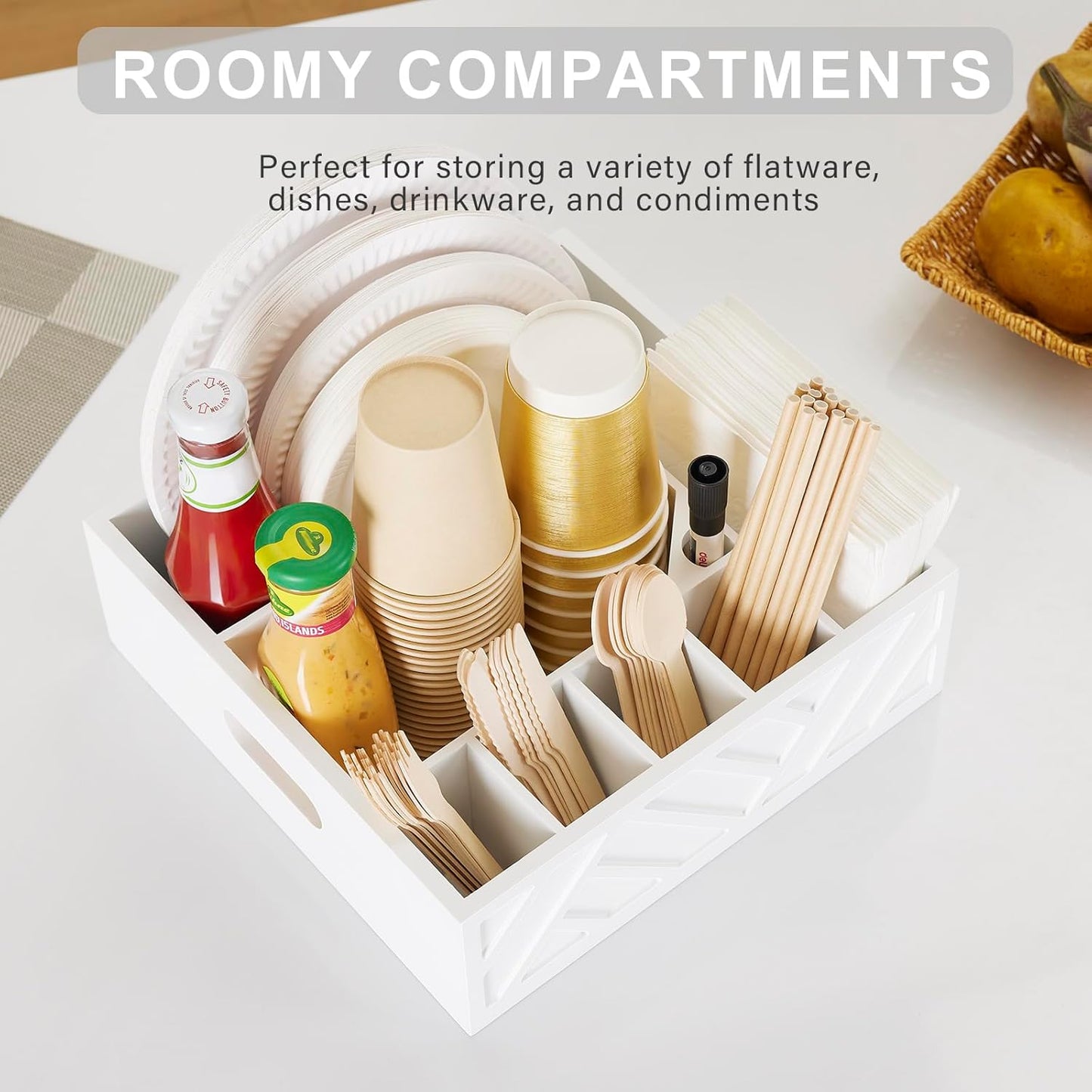 Utensil Holder for Party - Rustic Wood Silverware Caddy with 7 Compartments for Plates and Utensils