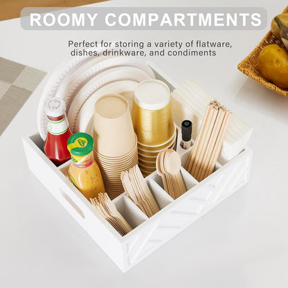 Utensil Holder for Party - Rustic Wood Silverware Caddy with 7 Compartments for Plates and Utensils