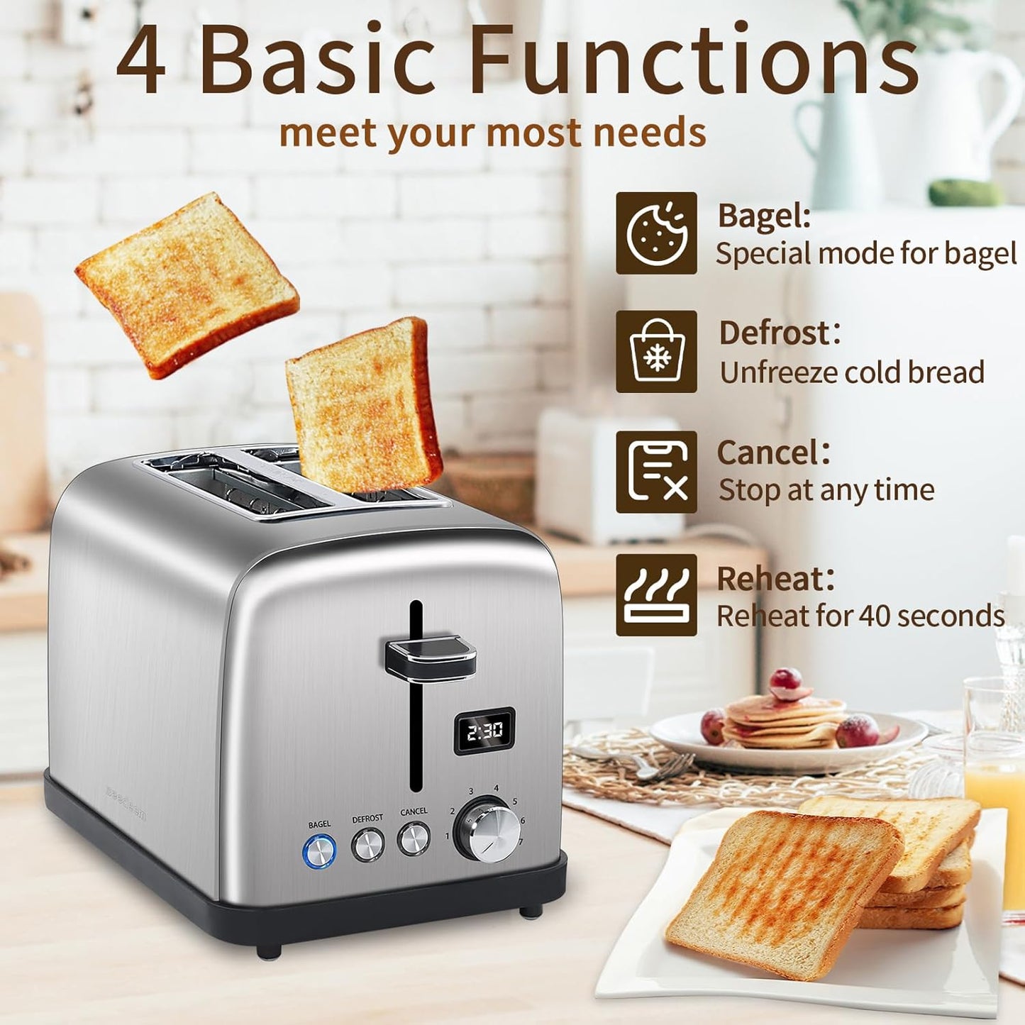 SEEDEEM 2 Slice Toaster, Stainless Steel, LCD Display, 7 Shade Settings, Digital Bagel & Defrost Function