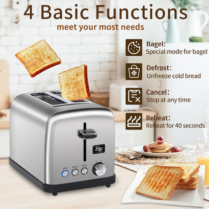 SEEDEEM 2 Slice Toaster, Stainless Steel, LCD Display, 7 Shade Settings, Digital Bagel & Defrost Function