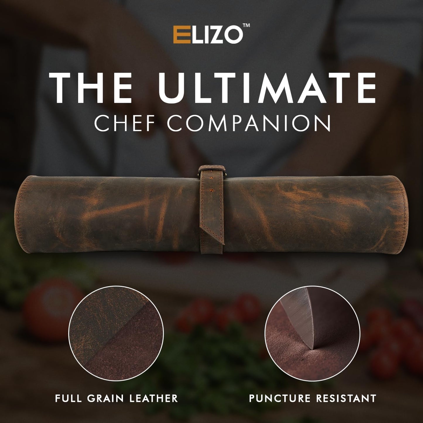 ELIZO Leather Knife Roll Chef Knife Bag Professional Chef Knifes Roll Bag Travel Storage Carrying Case Wrap Holder Sheath Kitchen Carrier Protectors Sleeve Tool Chefs Gift Grizzly
