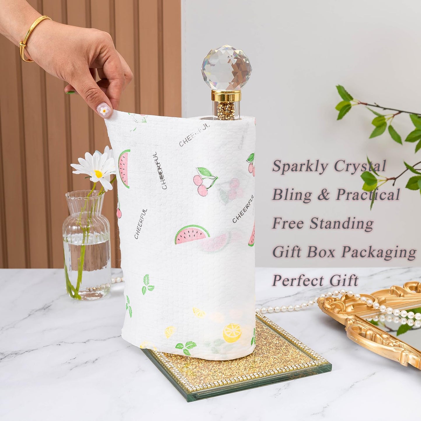 Hochance Gold Crystal Standing Paper Towel Roll Holder Countertop Weighted Rack,Glam Cute Bling Rhinestone Jeweled Diamonds Modern Decoration Christmas Housewarming Gifts for Kitchen Home Bar