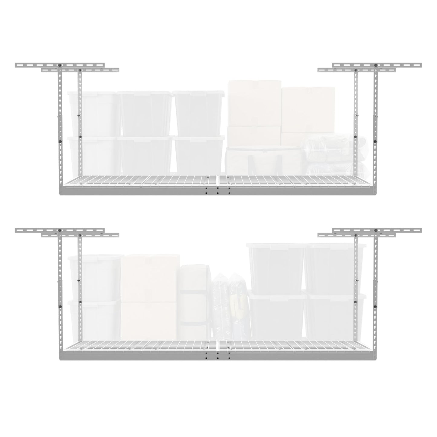 MonsterRax Overhead Garage Storage Racks 3x8’ (2-Pack) Ceiling Mounted Shelving, Adjustable Hanging Organizer, Heavy Duty Steel, Holds 500 Pounds, Color: White, Adjustable from 24"-45" off the Ceiling
