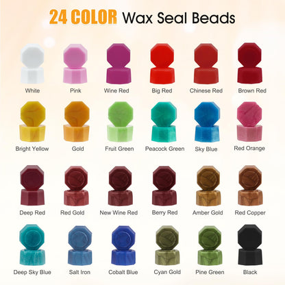 Aottom Wax Seal Kit, Wax Seal Stamp Kit with 24 Colors 624 Pcs Sealing Beads, 6 Packs Brass Stamp Heads, Melting Spoon, Tea Light Candles for Wedding Invitation Envelope Letter Christmas Gift Wrapping