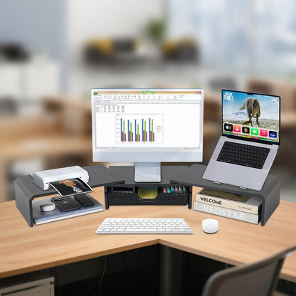 LEKETREE Dual Monitor Stand Riser with Drawer, Computer Stand for Desk, Workspace Desktop Stand, Desk Organizer for Computer, Laptop, TV and More (Black)
