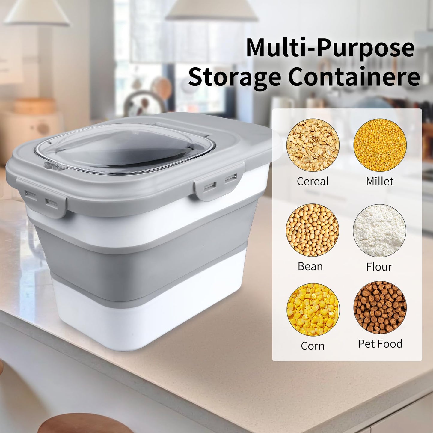 Komzon Rice Storage Container, Collapsible Airtight Food Storage Containers 6-20 Lbs, Rice Dispenser with Measuring Cup and Small Bin for Flour Cereal Pasta Grain, Cat Pet Dog Bird Food Container
