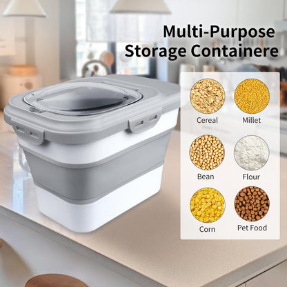 Komzon Rice Storage Container, Collapsible Airtight Food Storage Containers 6-20 Lbs, Rice Dispenser with Measuring Cup and Small Bin for Flour Cereal Pasta Grain, Cat Pet Dog Bird Food Container