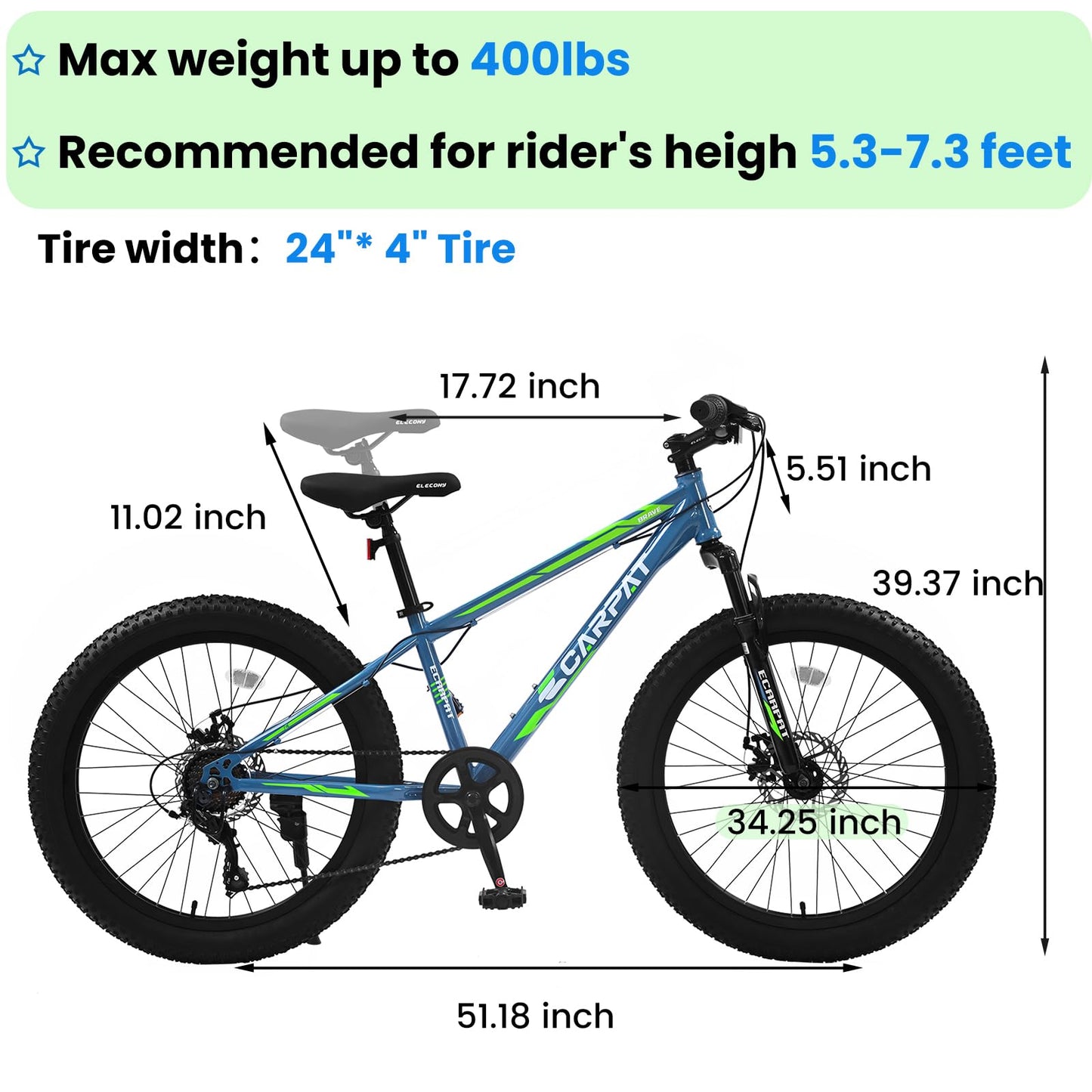 24 Inch Fat Tire Bike Adult/Youth Full Shimano 7 Speeds Mountain Bike, Dual Disc Brake, High-Carbon Steel Frame, Front Suspension, Mountain Trail Bike, Urban Commuter City Bicycle (BlUE, 24inch)