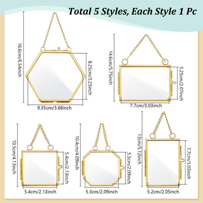 5 Pcs Mini Gold Double Glass Frame for Pressed Flower Frames, 2x3.2 In Wall Hanging Picture Frames with Metal Chain, Horizontal Vertical Floating Glass Picture Frame for Plants Artwork Display
