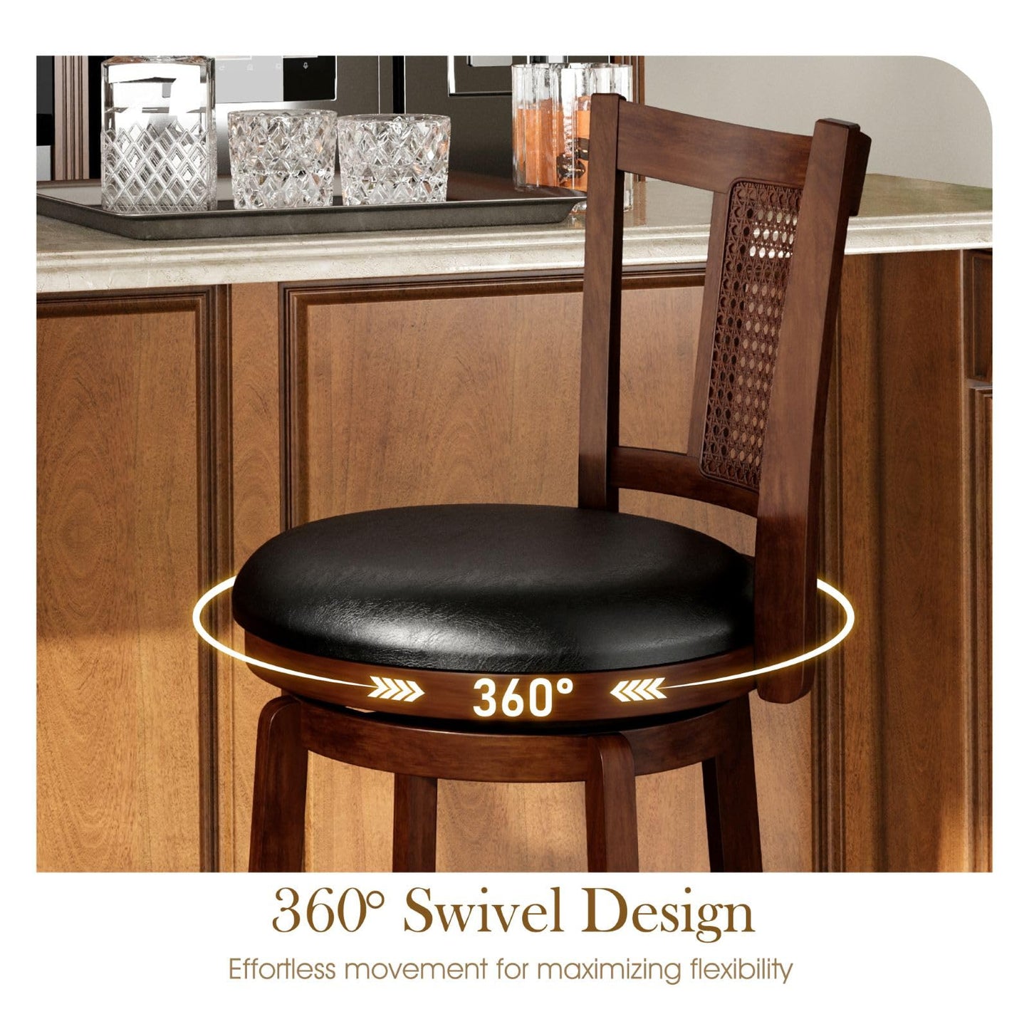 Sophia & William Swivel Bar Stools Set of 2, Bar Height Barstools with Backrest & Solid Wood Legs, Brown Faux Leather Kitchen Stools, 30 Inch