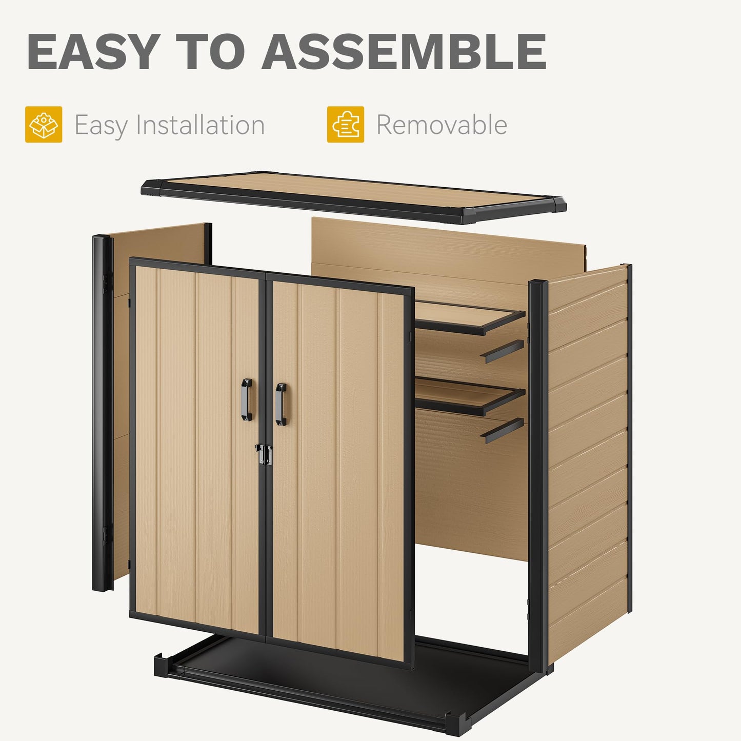 DWVO 4.2x2.6ft Outdoor Storage Shed with 2 Shelves, 54 Cu Ft Waterproof Resin Garden Shed with Floor & Lockable Door, Plastic Tool Cabinet for Garbage Cans, Lawn Equipment, Garden Supplies (Brown)