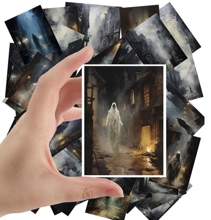 Large Stickers Pack 24 pcs ~ Ghostly Silhouettes: Mysterious Figures Roaming Fog-Enshrouded Streets - A Haunting Stickers Collection of Gothic Vistas