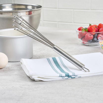 Restaurantware 10.5 in Stainless Steel Ball Whisk - German Standard Egg Beater with Ergonomic Handle, Dishwasher Safe - Manual Mixer Cooking Whisk for Baking, Stirring, Sauces, Beating