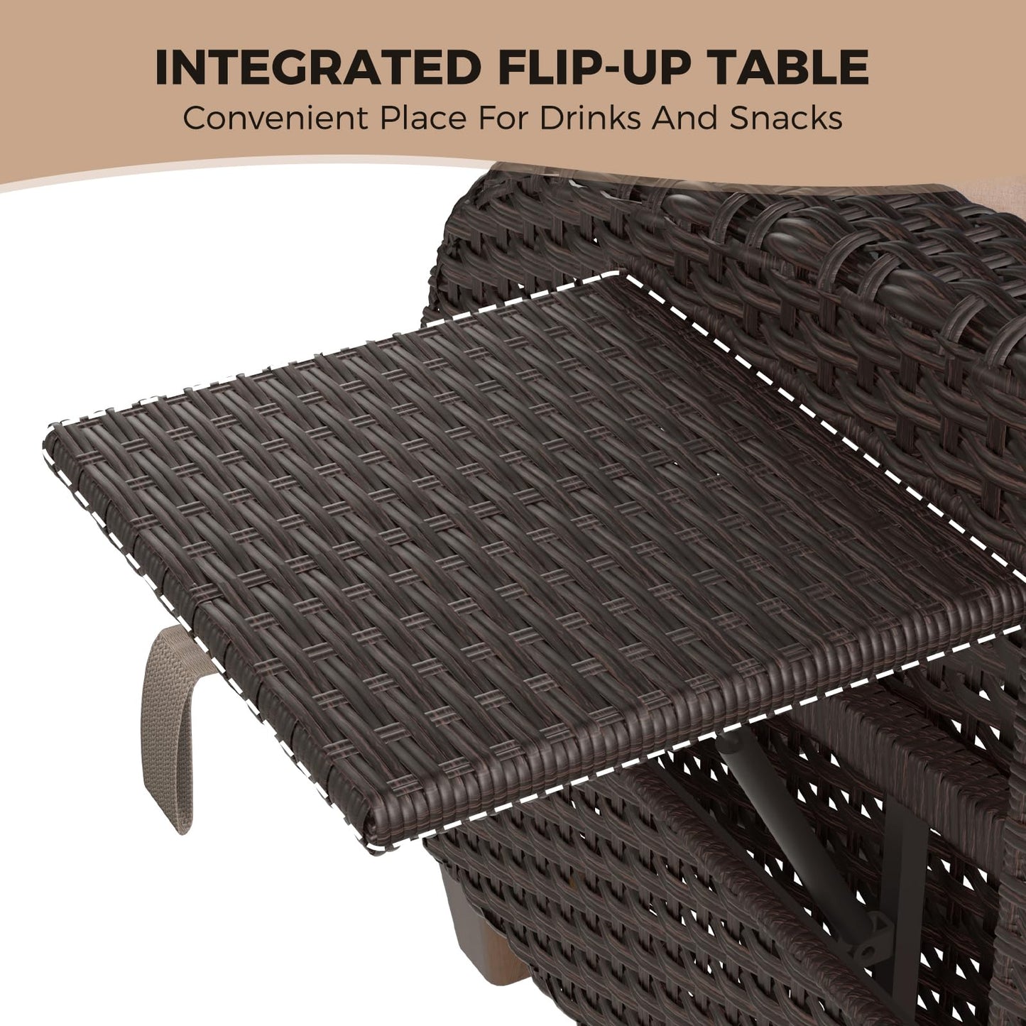 Grand patio Outdoor Recliner with Independent Adjustable Back and Footrest, Air Pump 150° Lay Flat Reclining Chair Removable Olefin Cushion Flip-Up Table Wicker Beige 1PC