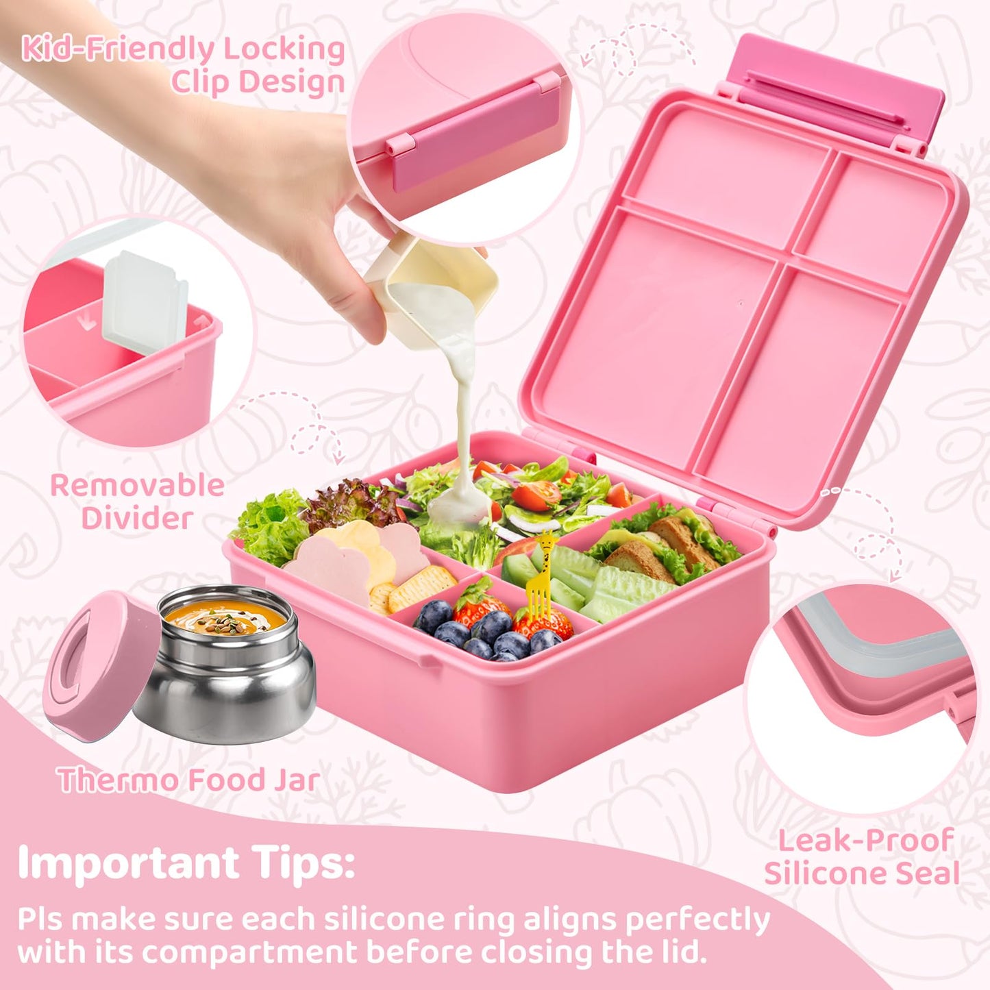 JSLOVE Bento Lunch Box with Leak Proof Thermos Food Jar for Kids, Food Lunch Containers for Girls with 4 Compartments, BPA-Free with Utensils, Food Picks, Sauce Jar & Silicone Lunch Box Dividers