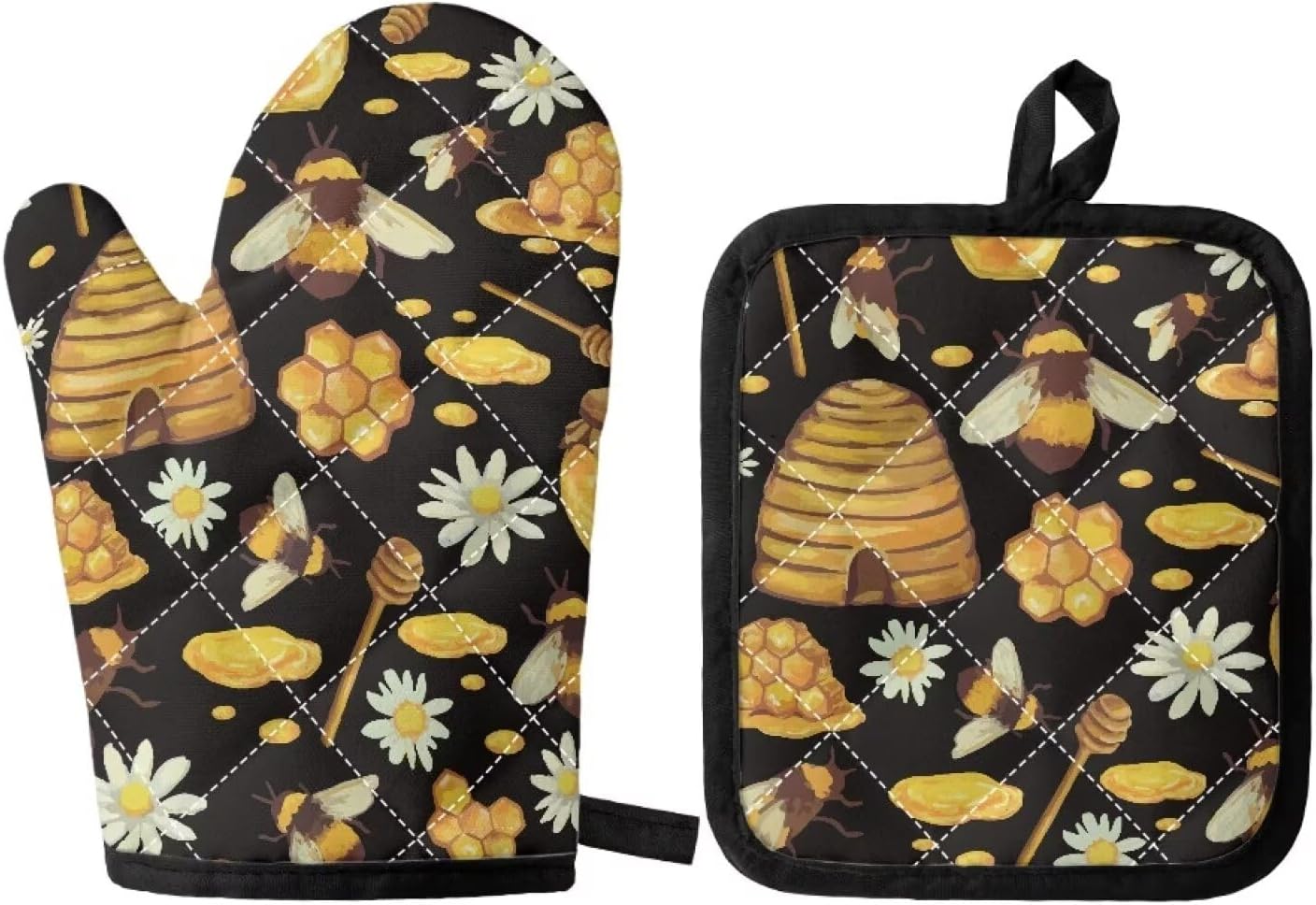 GIFTPUZZ Bee Oven Mitt Pot Holder Set of 2, Heat Resistant Heavy Duty Gloves + Thick Hot Mats for Kitchen