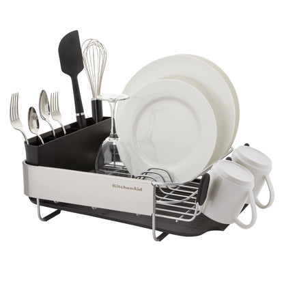 KitchenAid Compact, Space Saving Rust Resistant Dish Rack with Removable Flatware Caddy and Angled Self Draining Drainboard, 16.06-Inch, Black