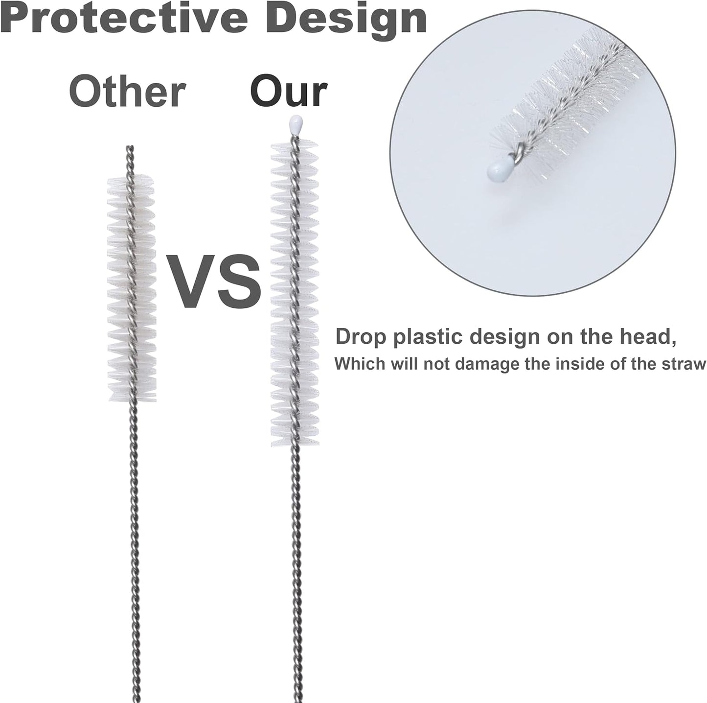 Straw Cleaner Brush Set of 10, Extra Long Nylon Bristles and Stainless Steel Handle for Cleaning Glass, Silicone, Metal
